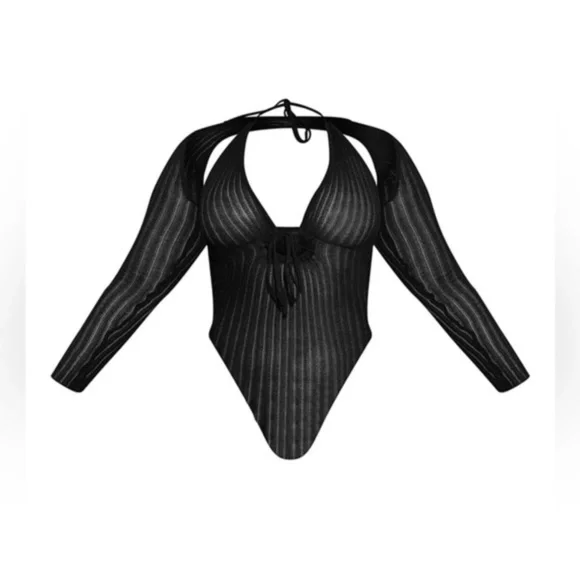 NWT PrettyLittleThing Plus Black Sheer Knit Bodysuit w/ Sleeves Size XXXL - Picture 2 of 7